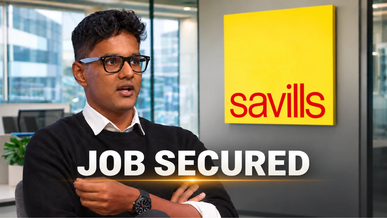Girish alongside the Savills logo, with Job Secured written across his success story cover