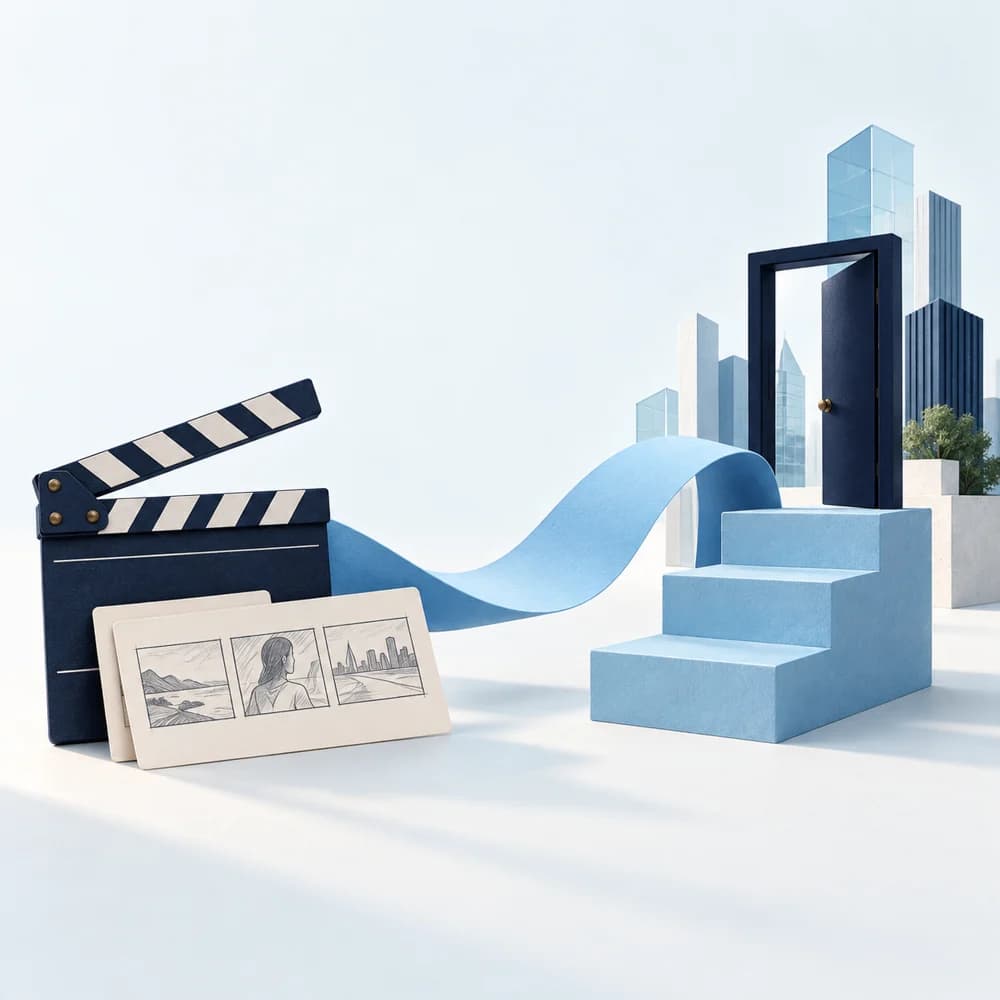 A blue bridge connects creative production tools to an open doorway in a financial district