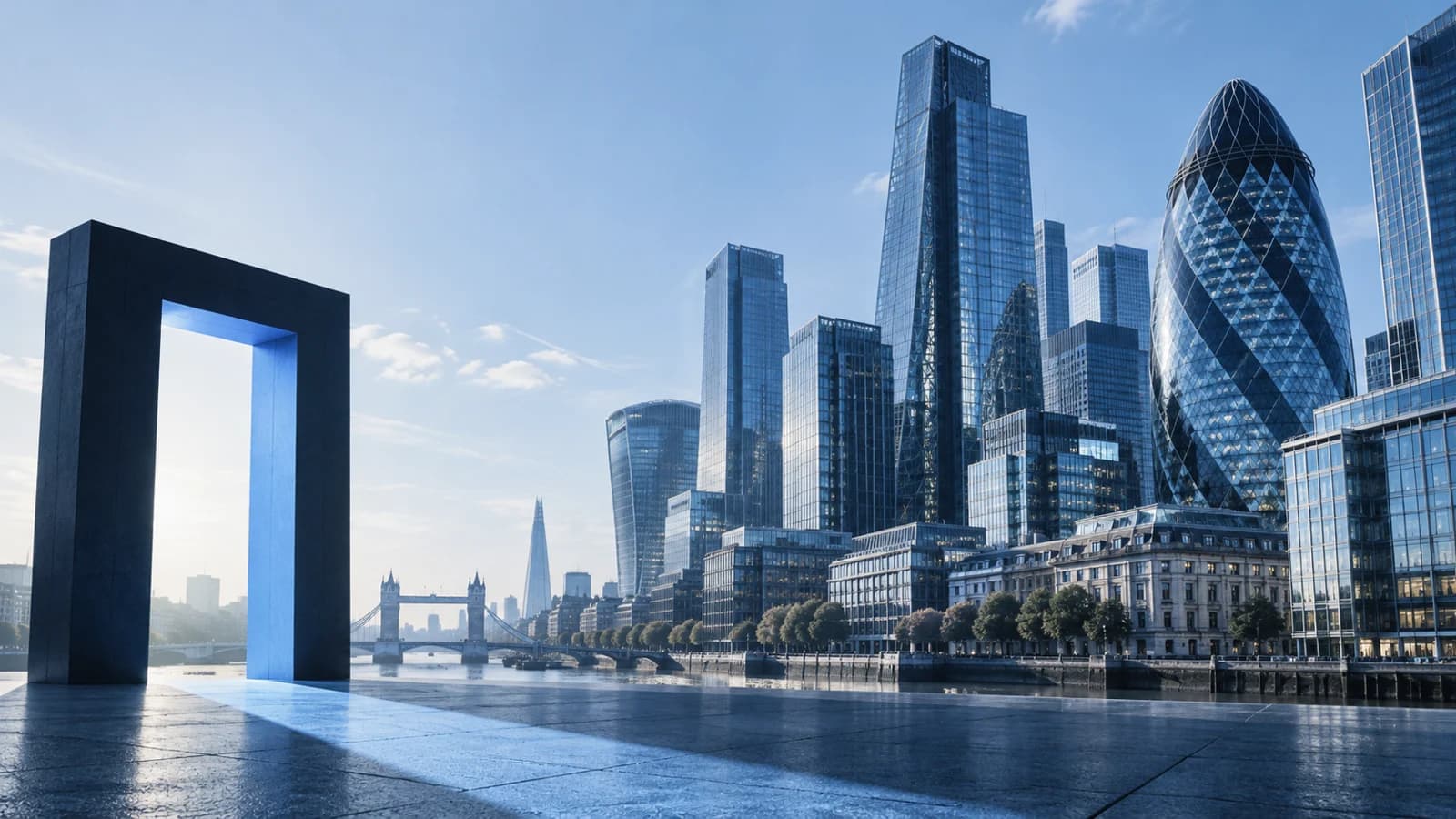 Conceptual London skyline with a blue-lit open doorway