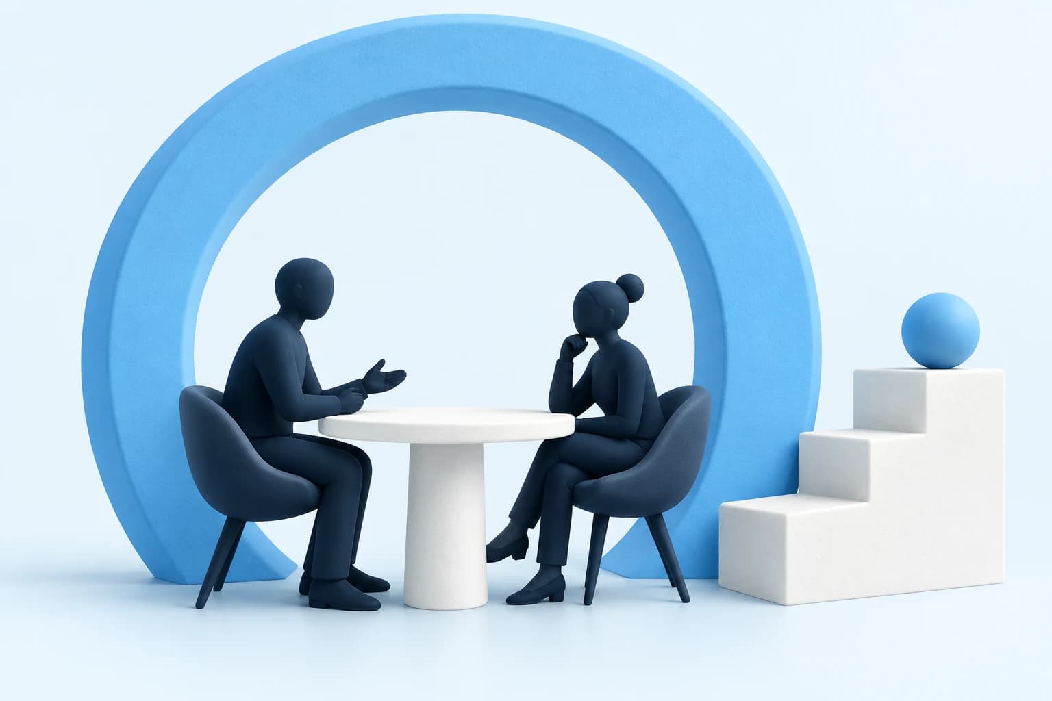 A career coach and a professional working together beneath a blue arch