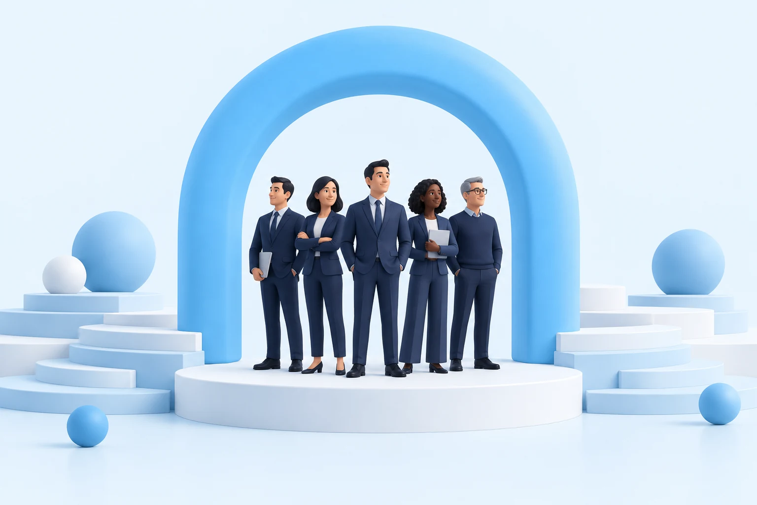 A team of professionals supported together under a protective blue arch