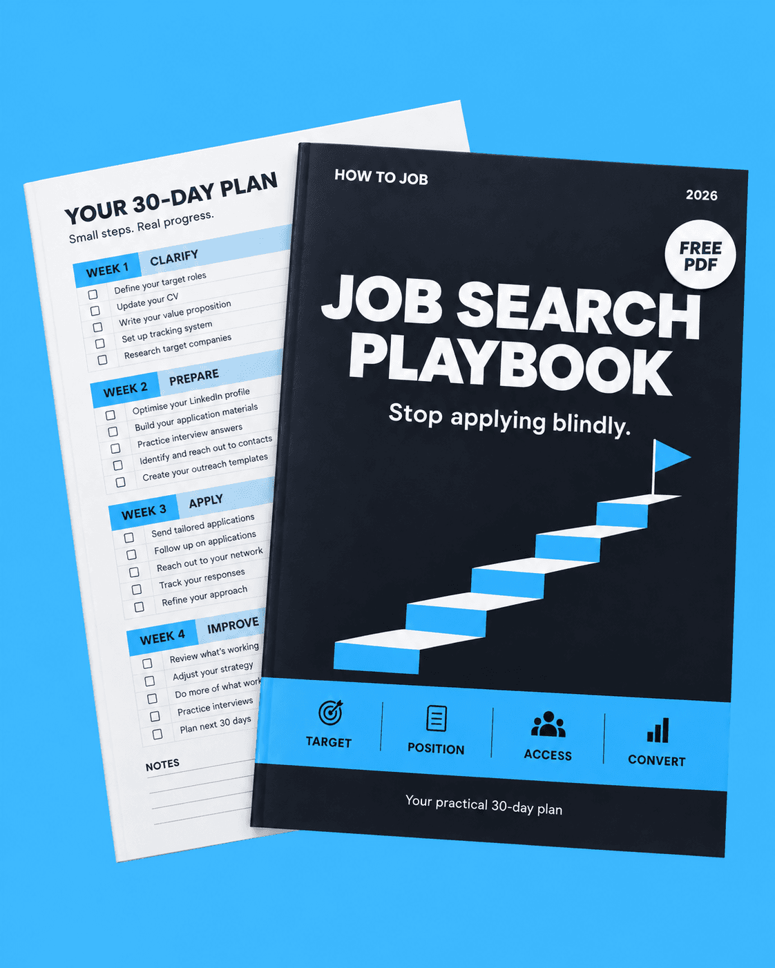 The How to Job Job Search Playbook with a 30-day planning worksheet. Target, Position, Access, Convert.